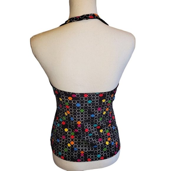 Y2K Black Halter Top Multi-color‎ Polka Dot Slinky Stretch Jersey Knit Size S/M - Picture 4 of 8